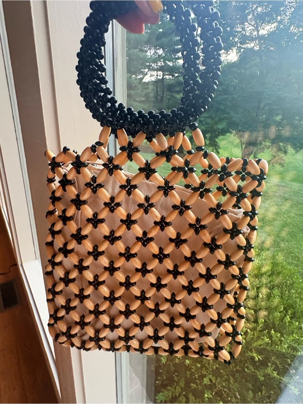 NWOT Handmade Beaded Black and Natural Cream Purse